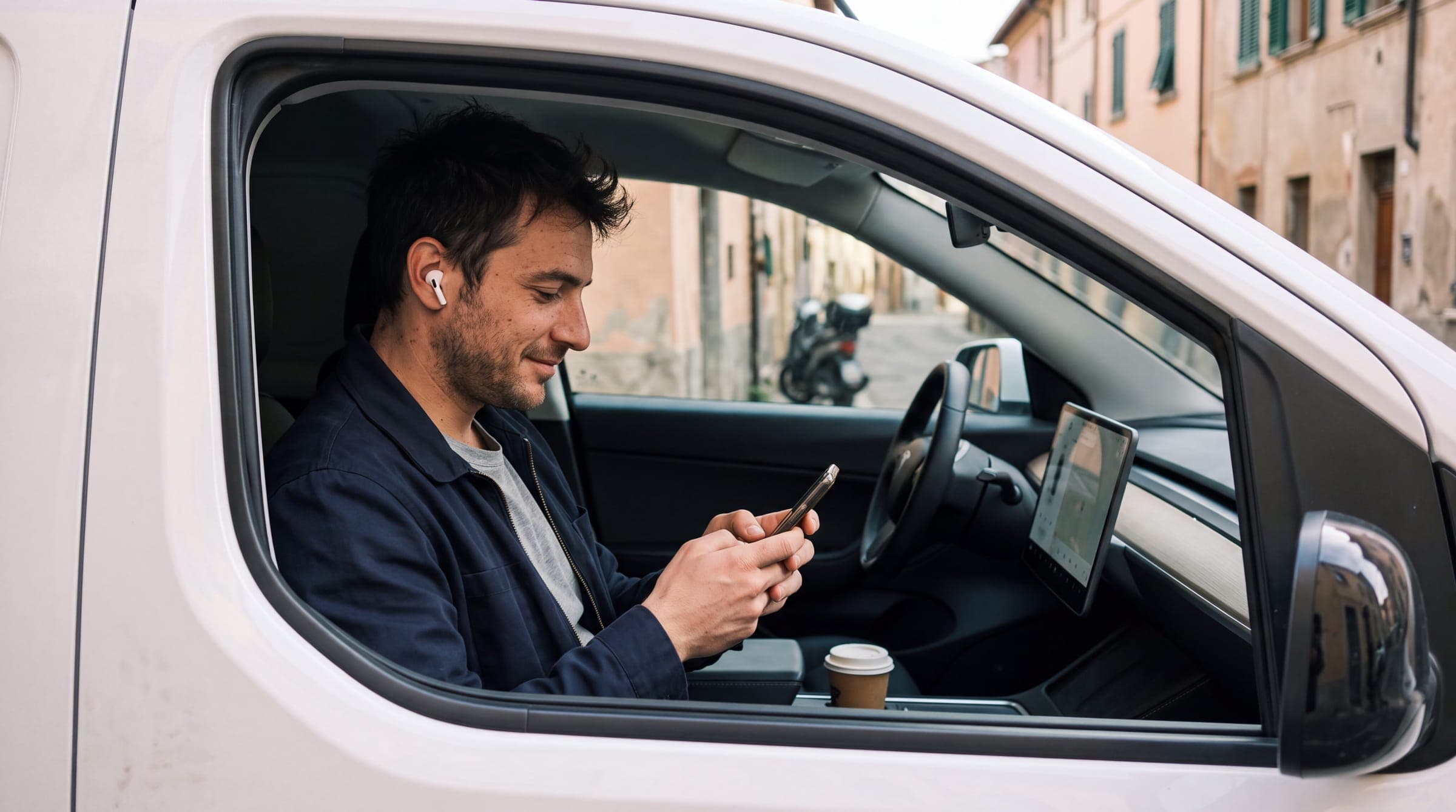 Il giovane titolare di un'impresa di pulizie nel furgone, con l'auricolare all'orecchio, scrive sul telefono e sorride