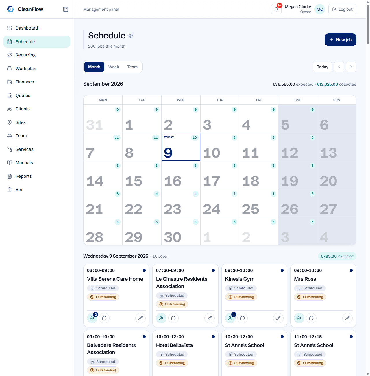 The CleanFlow schedule: month view with jobs per day and the day's list with client, site, service, status and cleaners