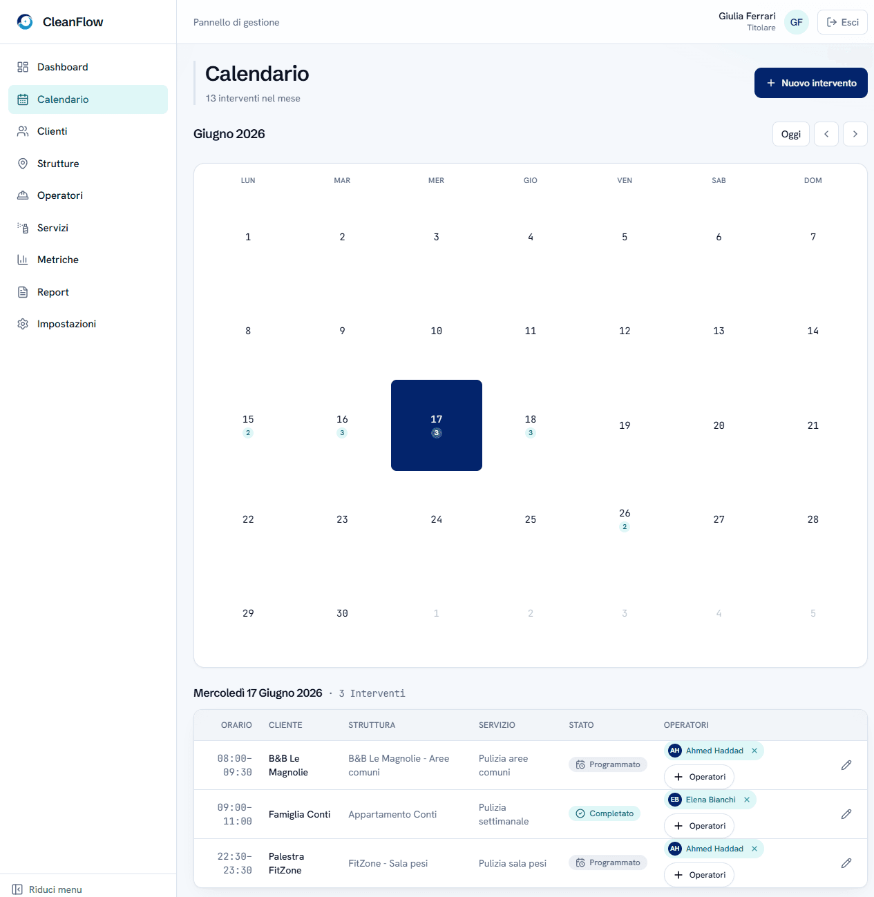 Il calendario di CleanFlow: vista mese con interventi per giorno e lista del giorno con cliente, struttura, servizio, stato e operatori