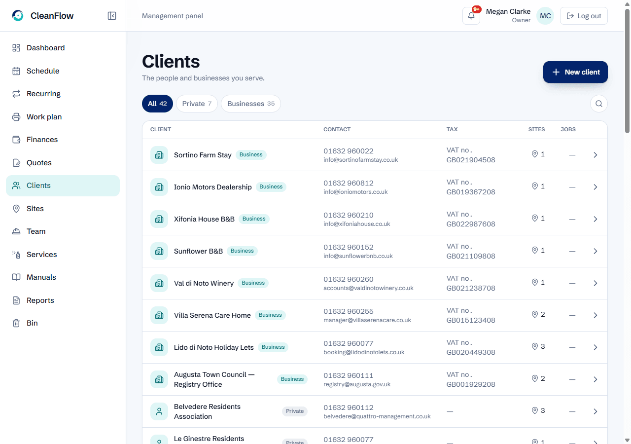 The CleanFlow Clients page: contact records with phone, email and linked sites for every client