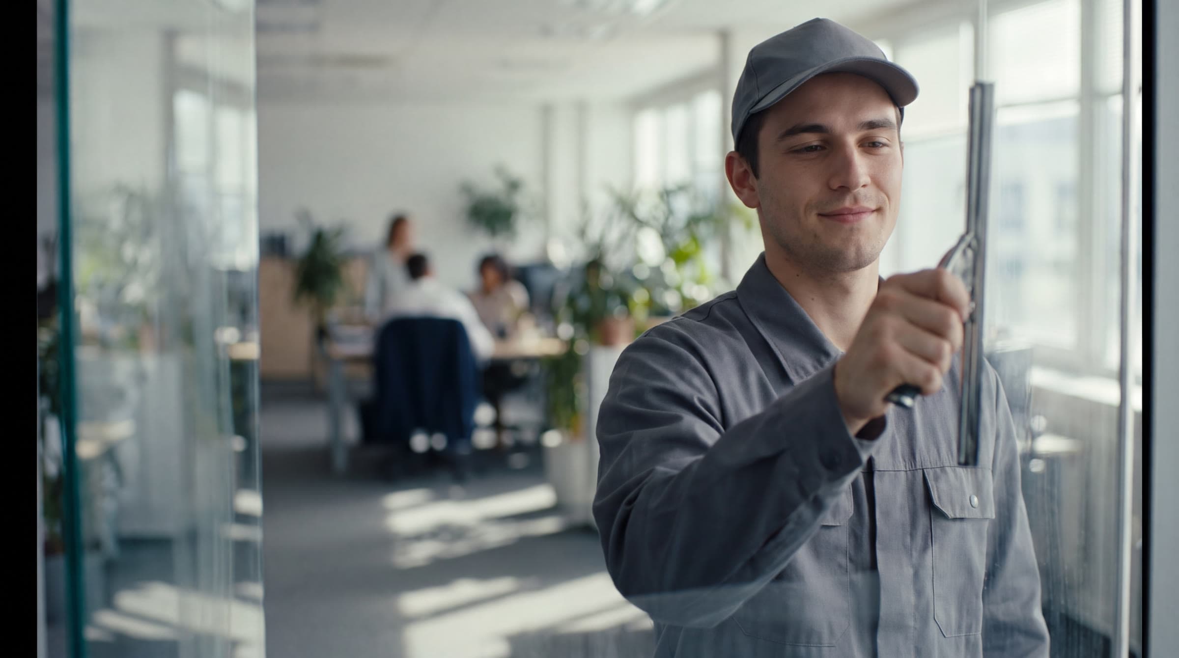 A young cleaner in uniform cleans a glass wall in a bright office. Illustrative photo.